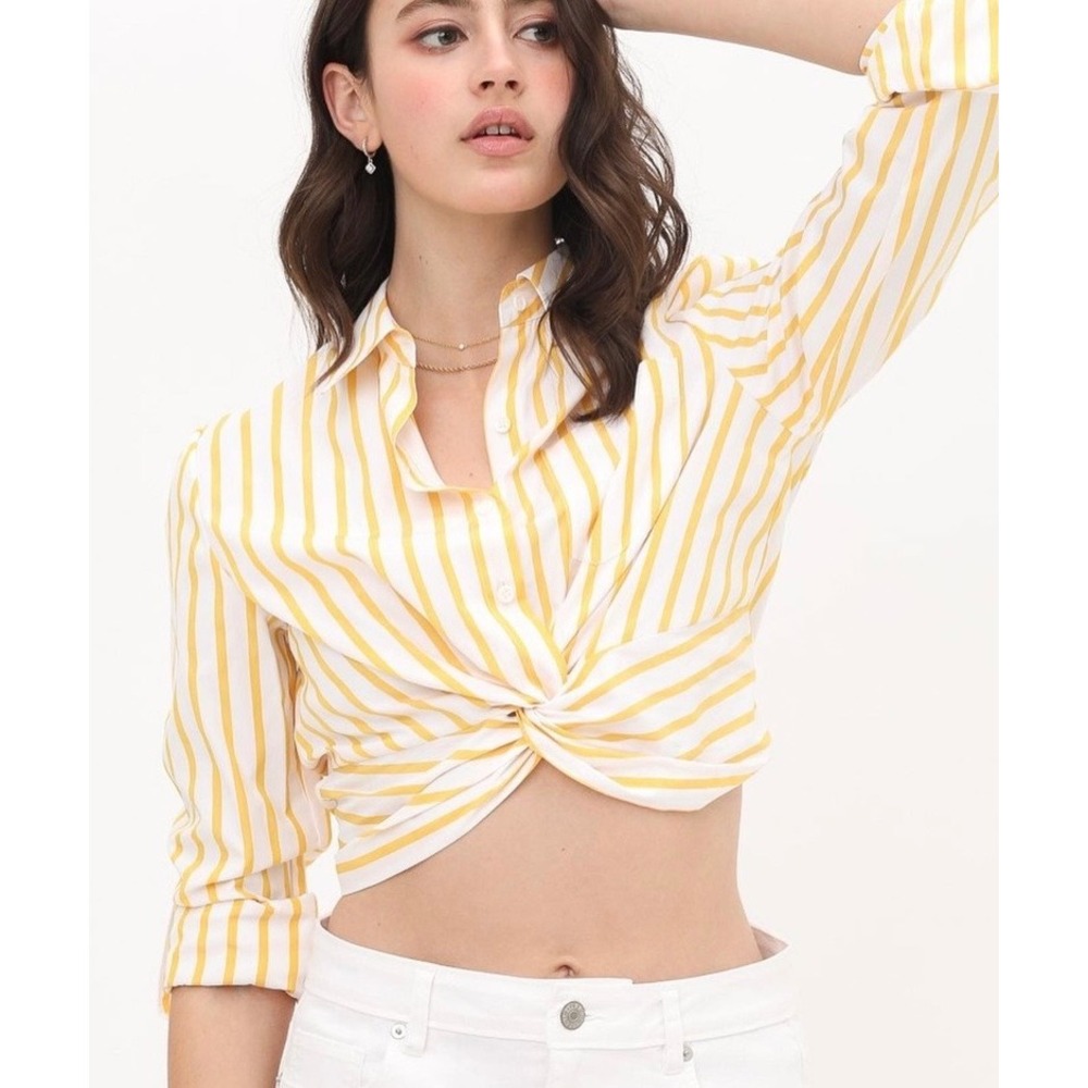 Love Tree Yellow White Striped Cropped Shirt, Women's size Medium